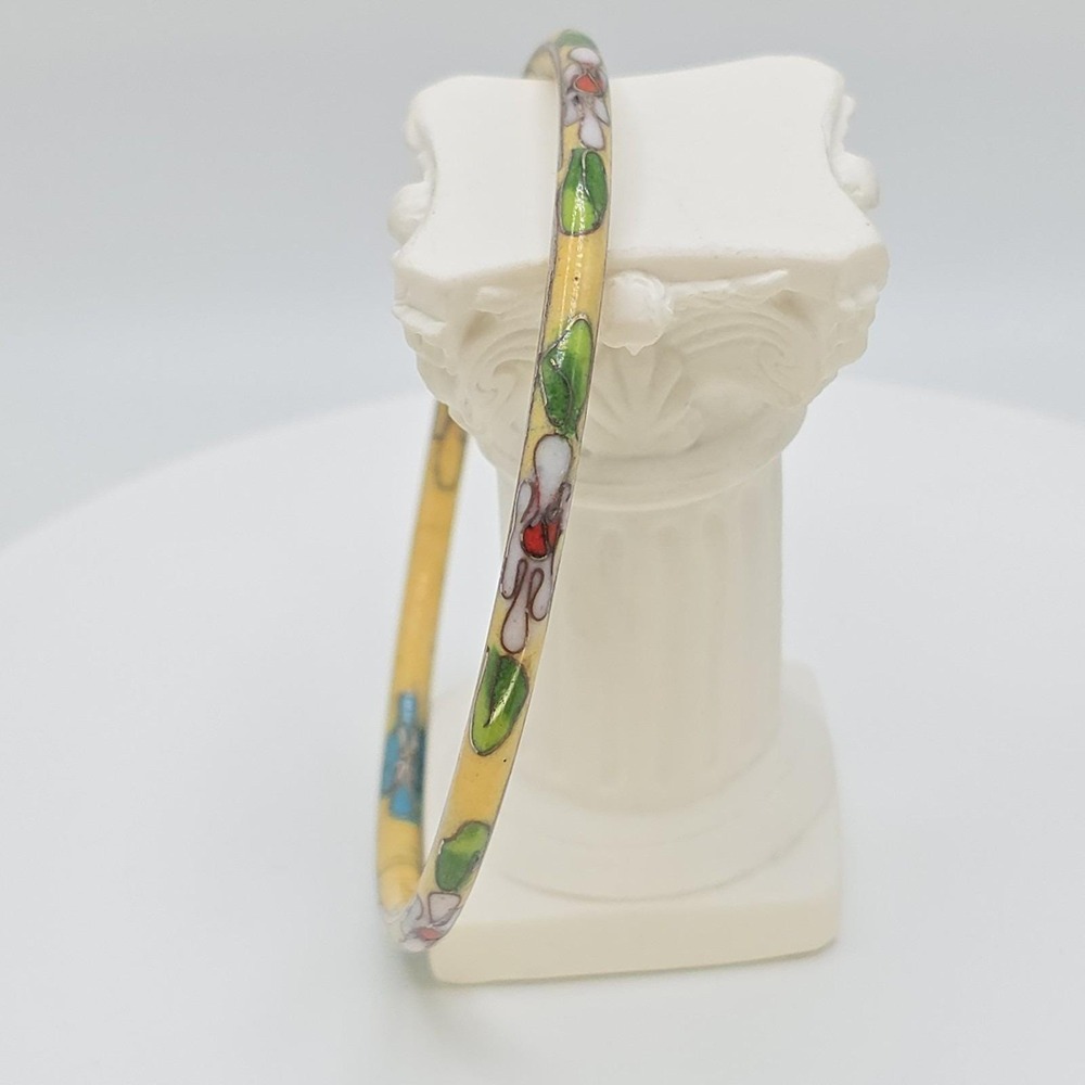 Vtg Authentic Chinese Cloisonné Bracelet Bangle Yellow & Green Enamel Floral 8"